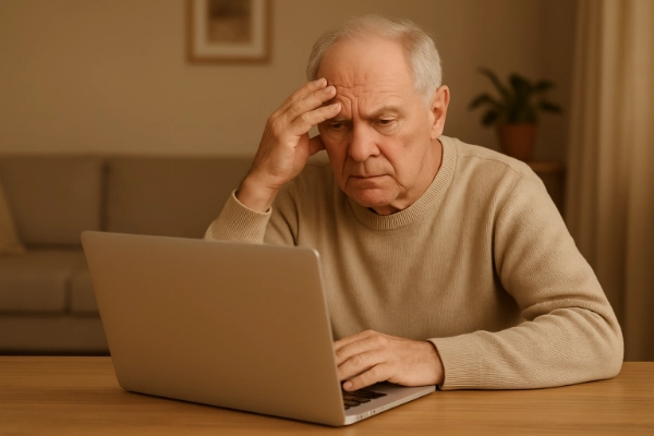 aggódó idős ember laptoppal