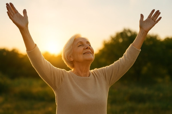 idős hölgy üdvözli a reggelt